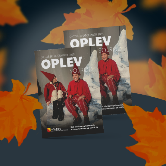 Bibliotekets arrangementsfolder OPLEV, på mørk baggrund med orange efterårsblade rundt om.