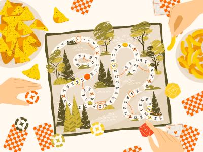 Illustration af brætspil set fra oven. På billedet er der hænder, der spiser chips og spiller med brikker og spillekort.